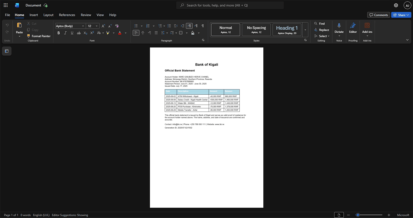 Rwanda Bank of Kigali Bank Statement Template, Easily modifiable Word and PDF format