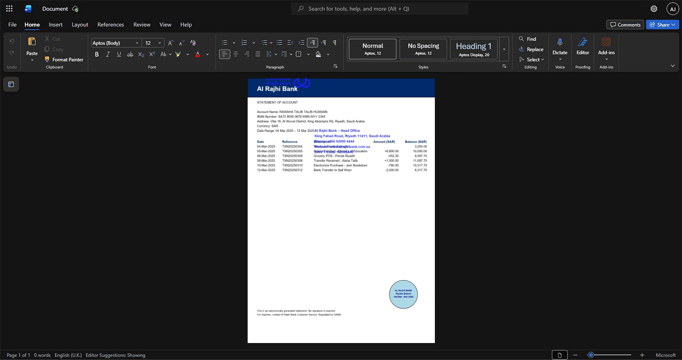 Saudi Arabia Al Rajhi Bank Bank Statement Template, Professional document in Word and PDF format
