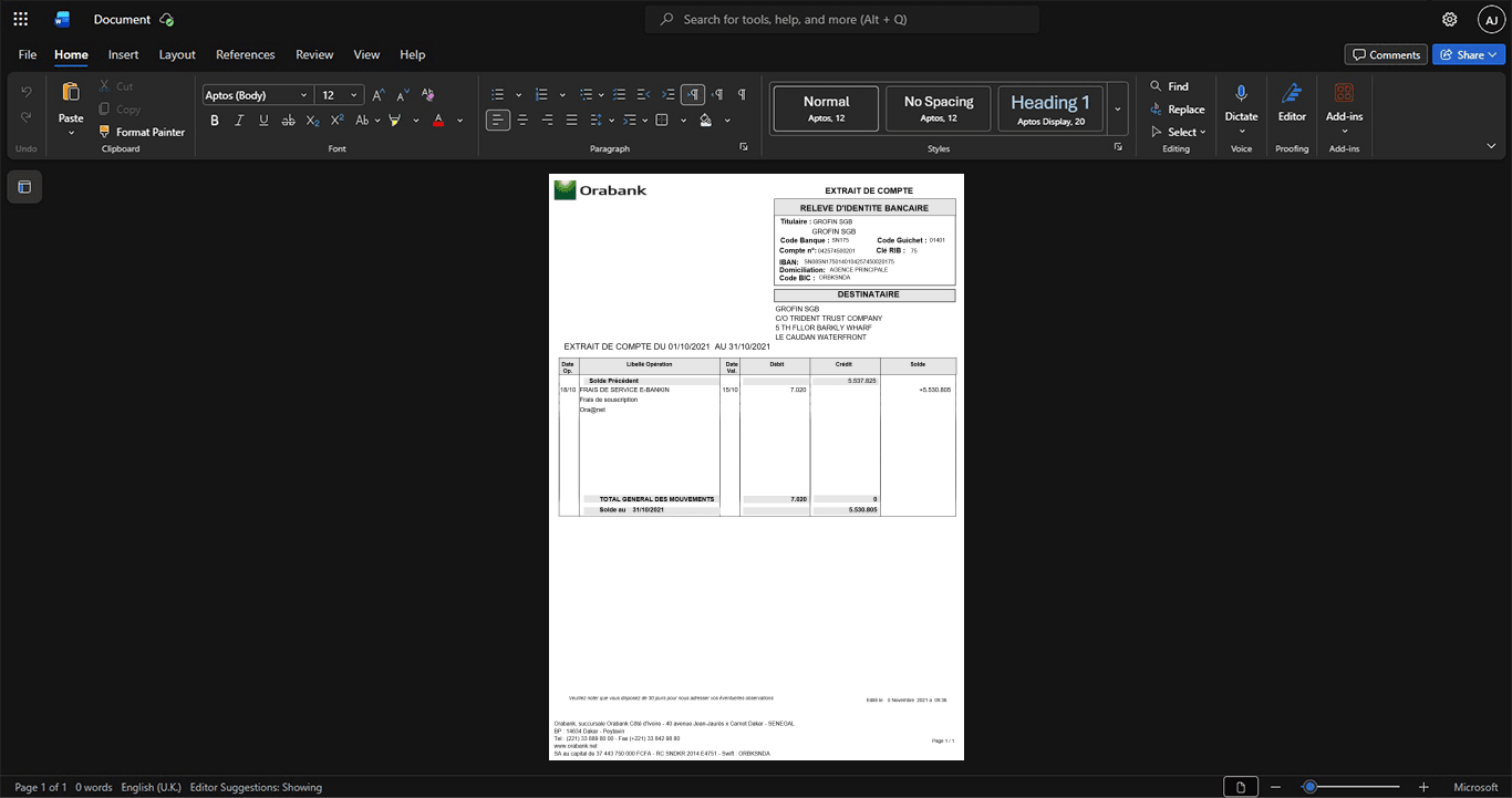 Senegal Orabank Senegal Bank Statement Template, Standard printable layout in Word and PDF