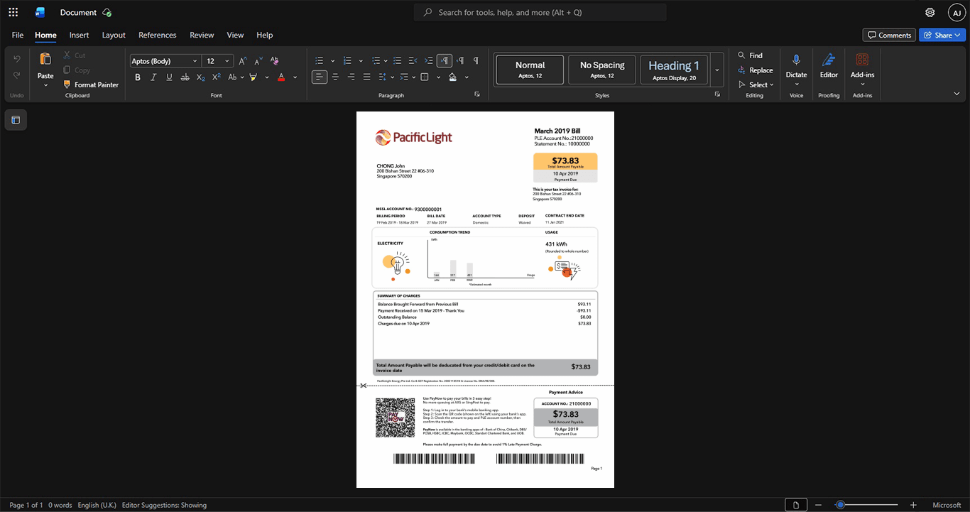 Singapore Pacific Light Electricity Bill Template, Ready to use template in Word and PDF