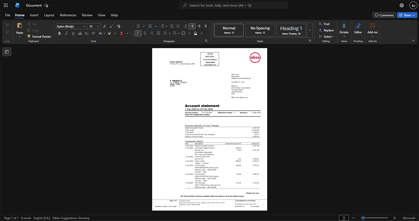 South Africa Absa Bank Limited ABSA Bank Statement Template, Ready to print in Word and PDF format