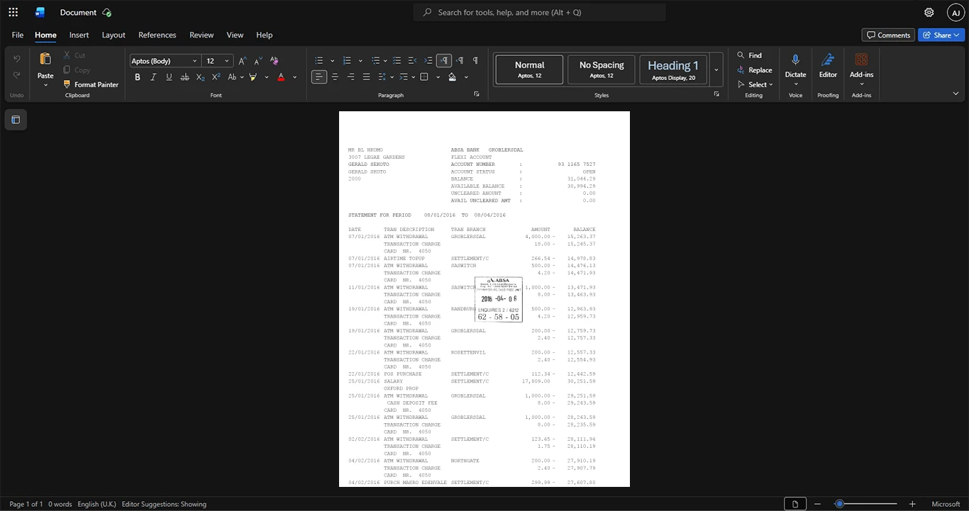 South Africa Absa Bank Limited Bank Statement Template, High-quality design in Word and PDF format