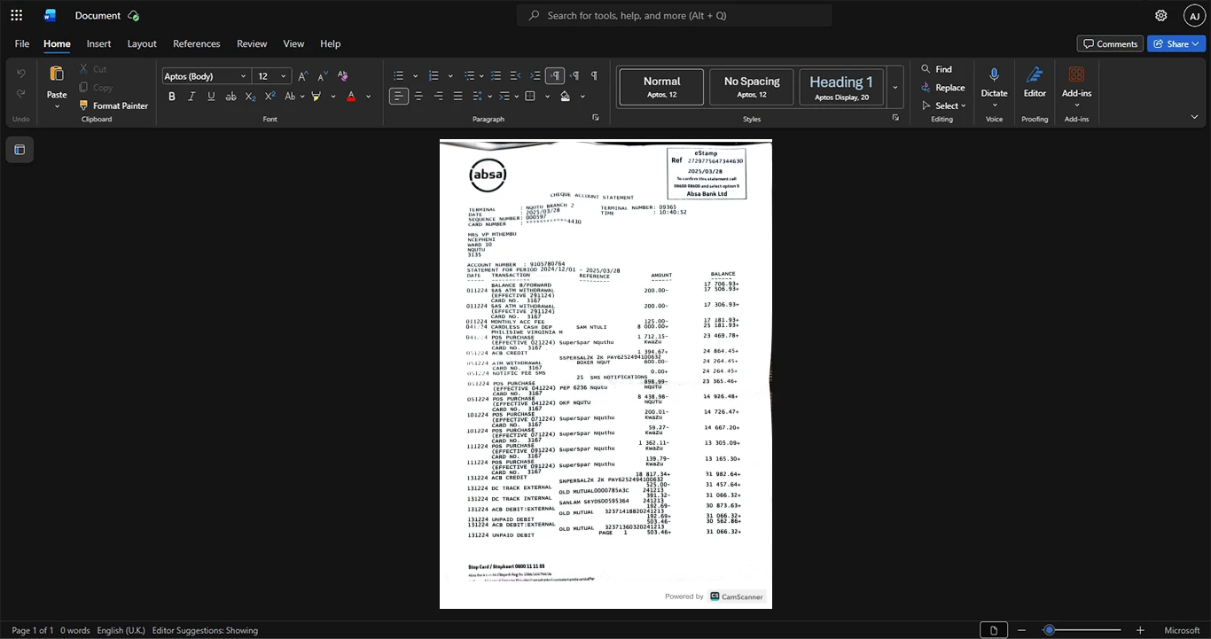 South Africa ABSA Bank Limited Bank Statement Template, Blank template in Word and PDF format