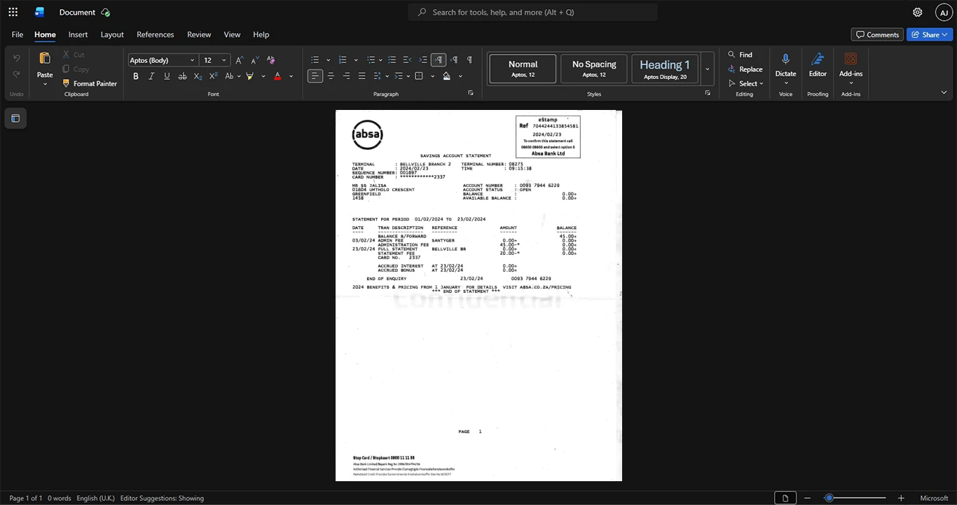 South Africa Absa Bank Limited Bank Statement Template, Standard layout in DOCX and PDF