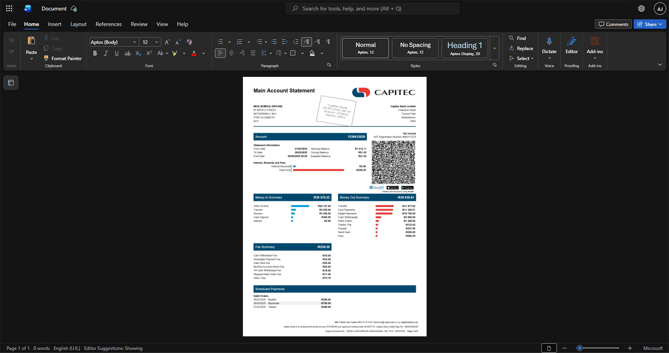South Africa Capitec Bank Bank Statement Template, Print-ready template in Word and PDF