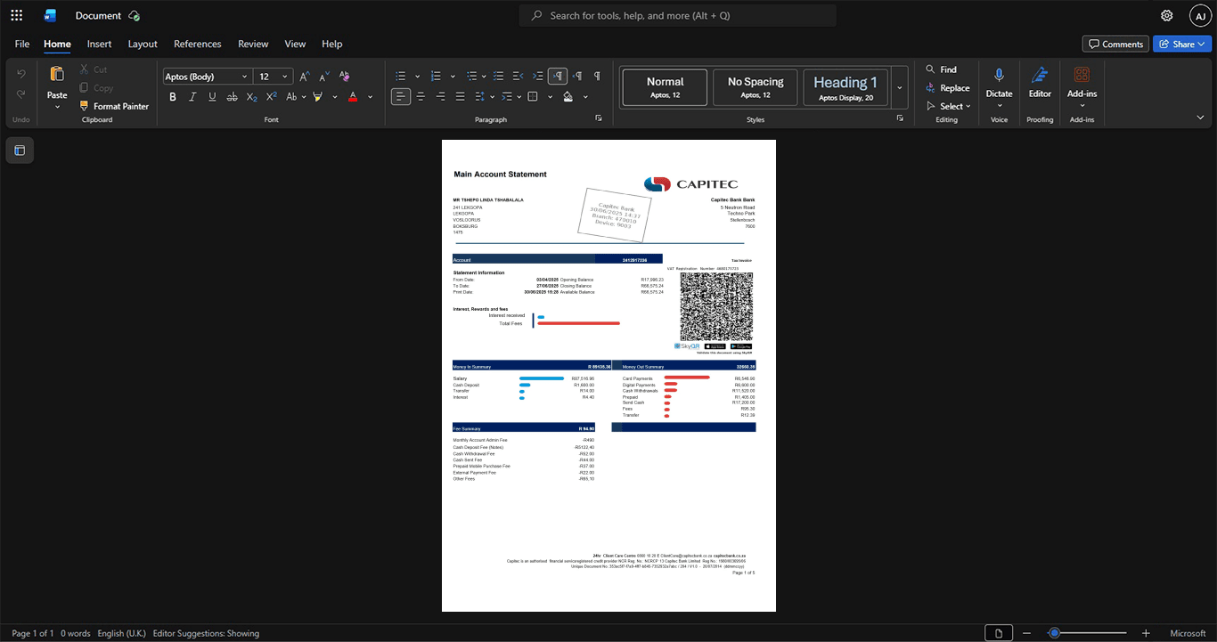 South Africa Capitec Bank Bank Statement Template, Easily modifiable Word and PDF format