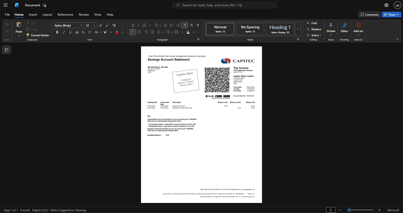 South Africa Capitec Bank Bank Statement Template, Available in editable Word and PDF format