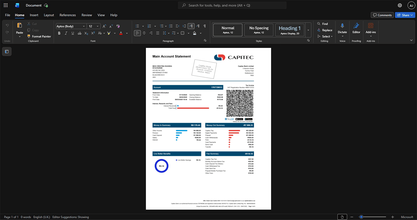 South Africa Capitec Bank Bank Statement Template, Standard printable layout in Word and PDF