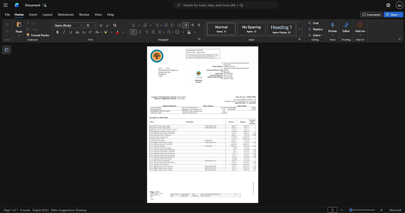 South Africa First National Bank FNB Bank Statement Template, Clean typography design in Word and PDF format