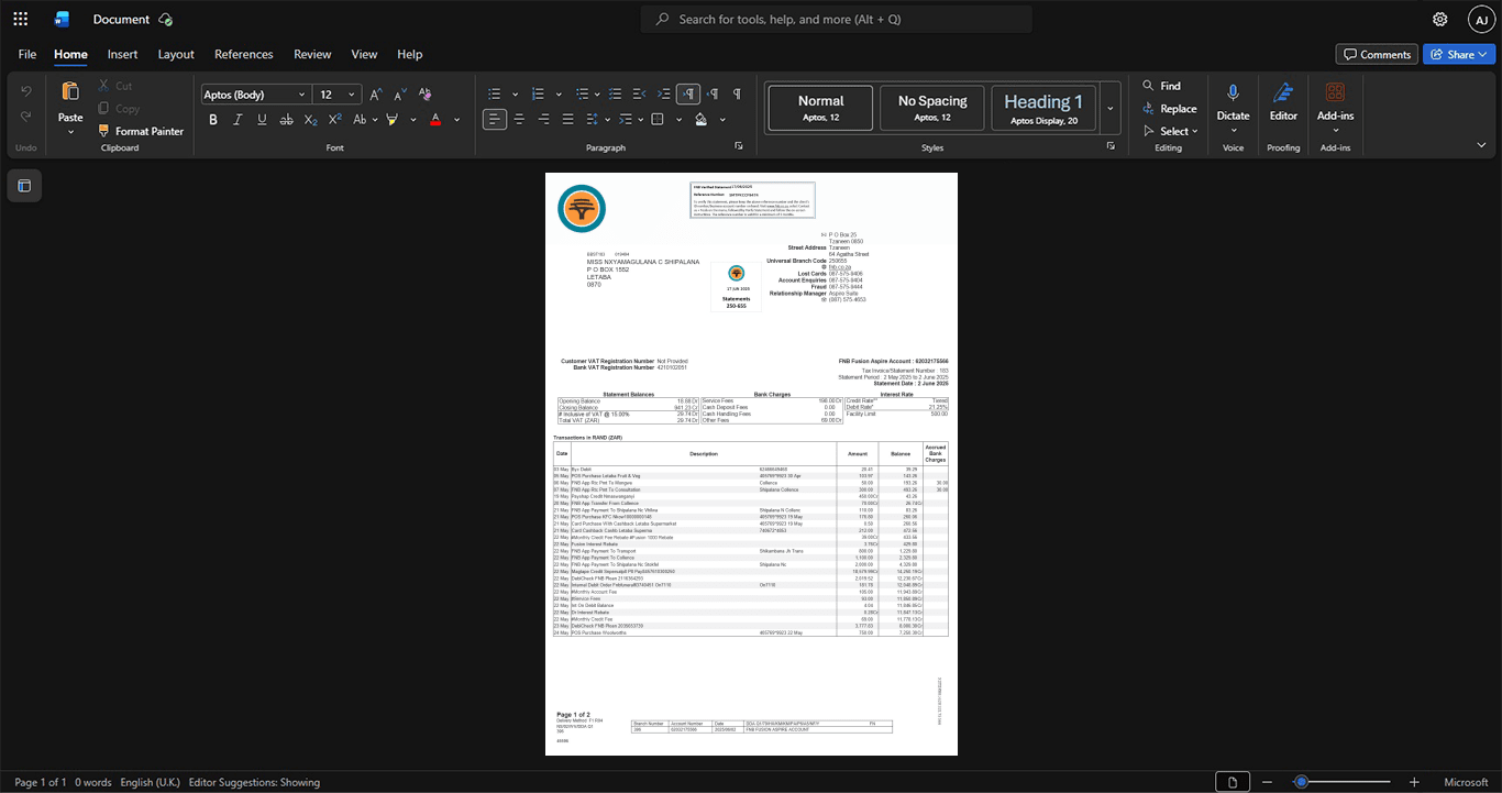 South Africa First National Bank FNB Bank Statement Template, Professional document in Word and PDF format