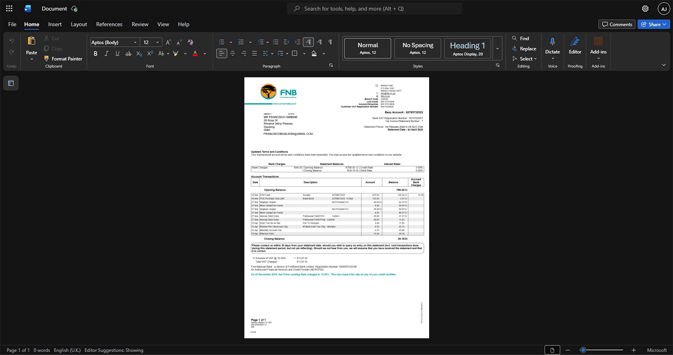 South Africa First National Bank FNB Bank Statement Template, Ready to print in Word and PDF format