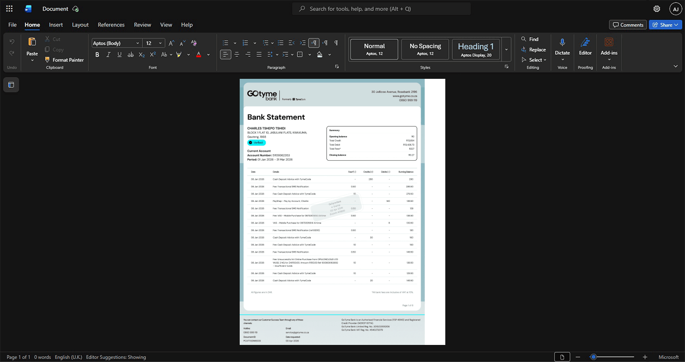 South Africa GoTyme Bank Bank Statement Template, Ready to print in Word and PDF format