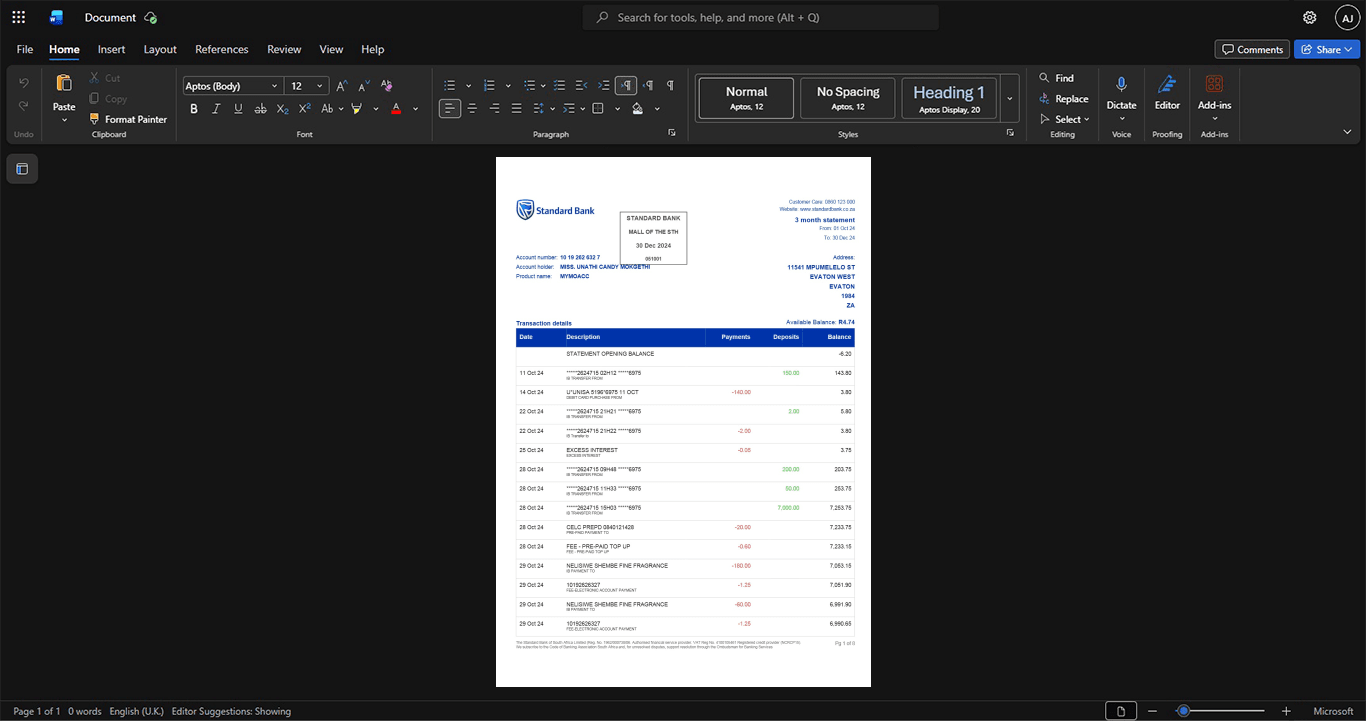 South Africa Standard Bank Bank Statement Template, Clean typography design in Word and PDF format