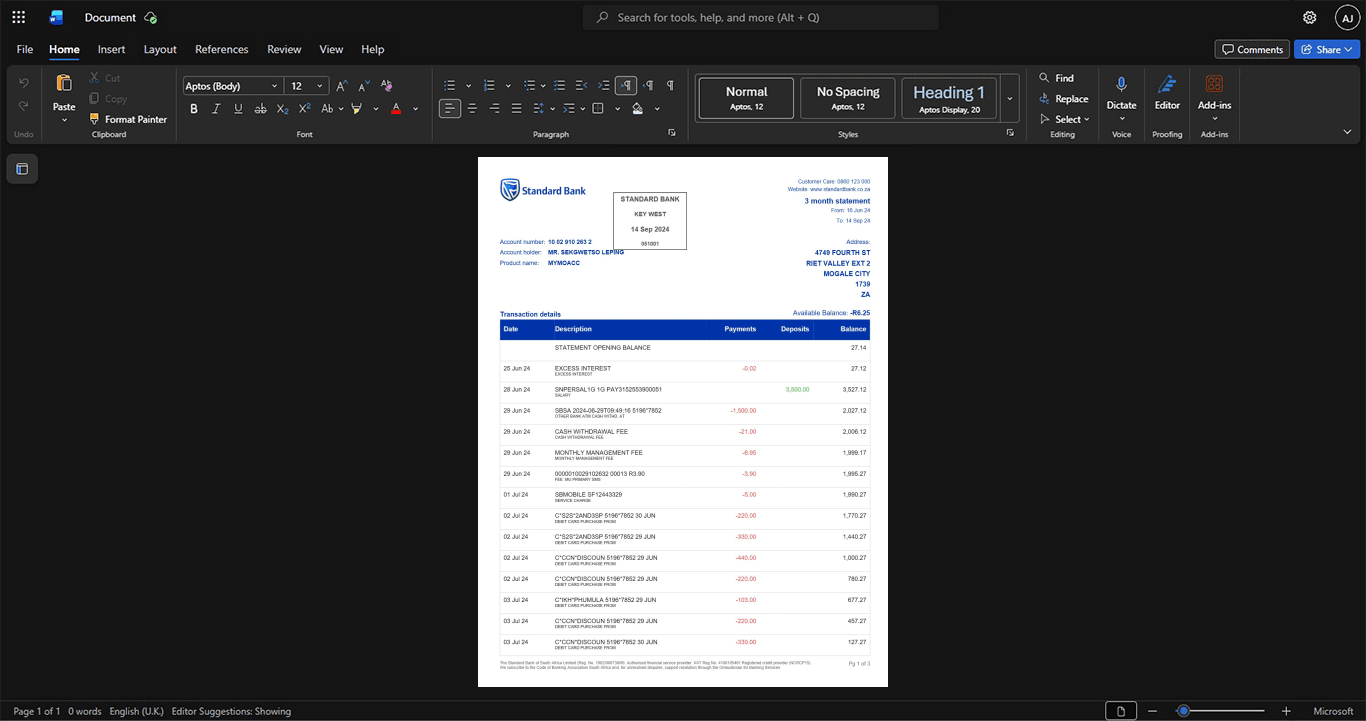 South Africa Standard Bank of South Africa Bank Statement Template, High-quality design in Word and PDF format