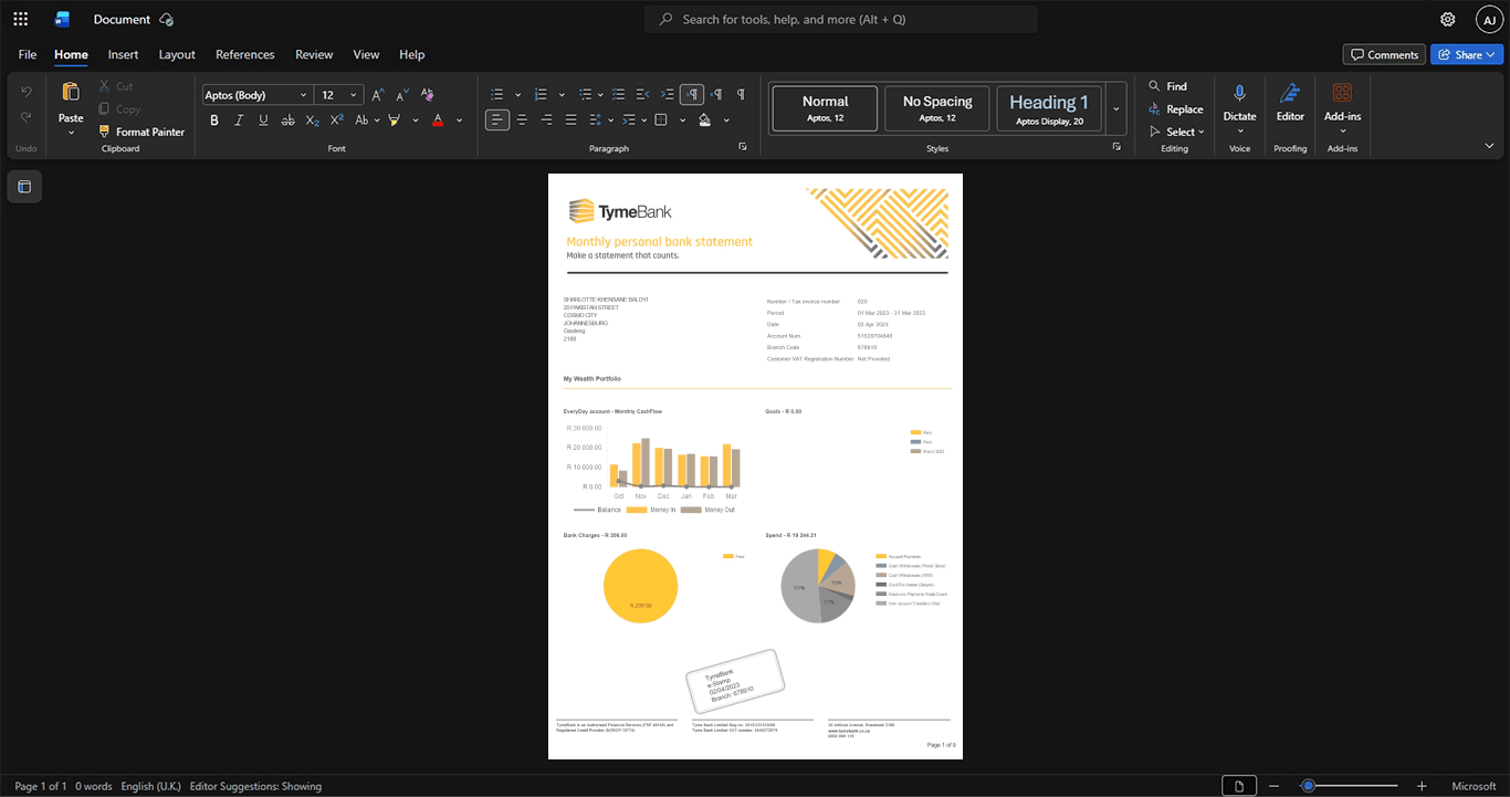 South Africa TymeBank Bank Statement Template, Print-ready template in Word and PDF