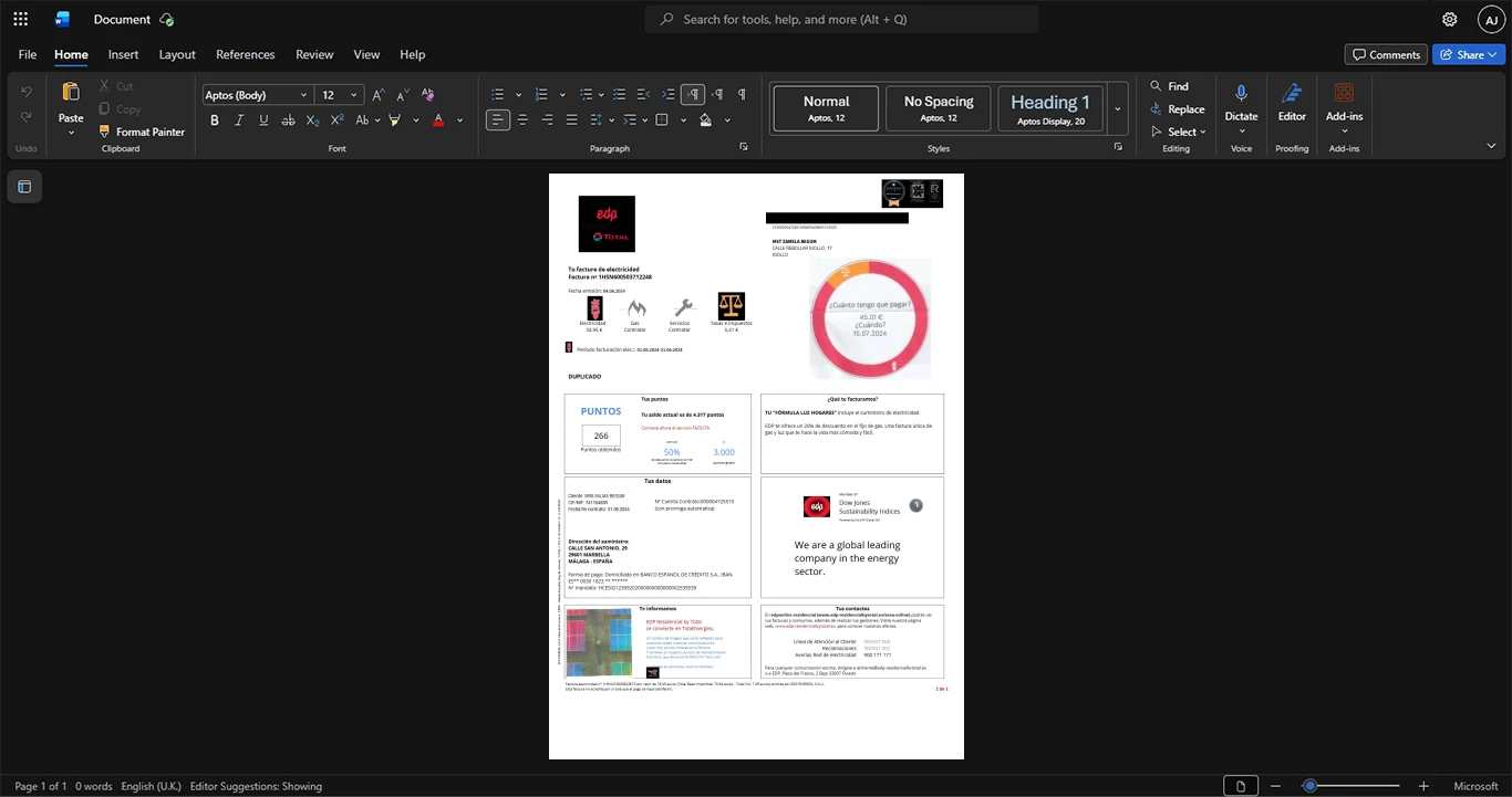 Spain EDP Residencial Electricity Bill Template, Corporate style document in Word and PDF formats