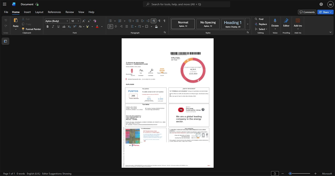 Spain EDP TotalEnergies Electricity Bill Template, Available in editable Word and PDF format