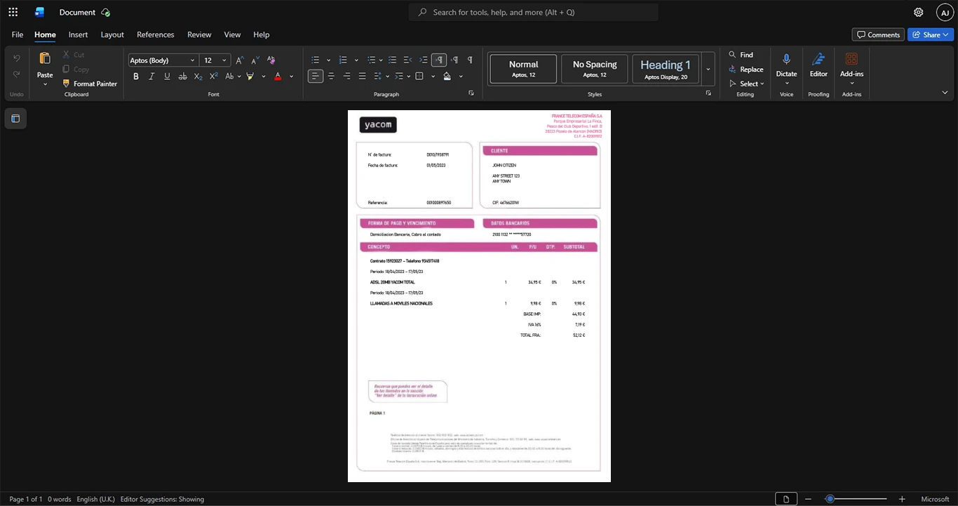 Spain Ya com Internet Bill Template, Digital download file preview