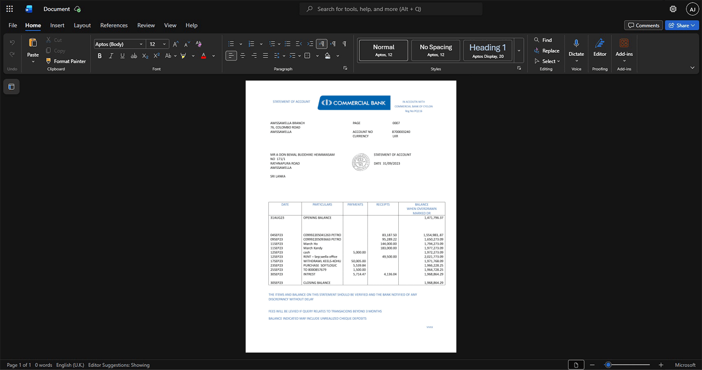 Sri Lanka Commercial Bank of Ceylon Bank Statement Template, Easily modifiable Word and PDF format