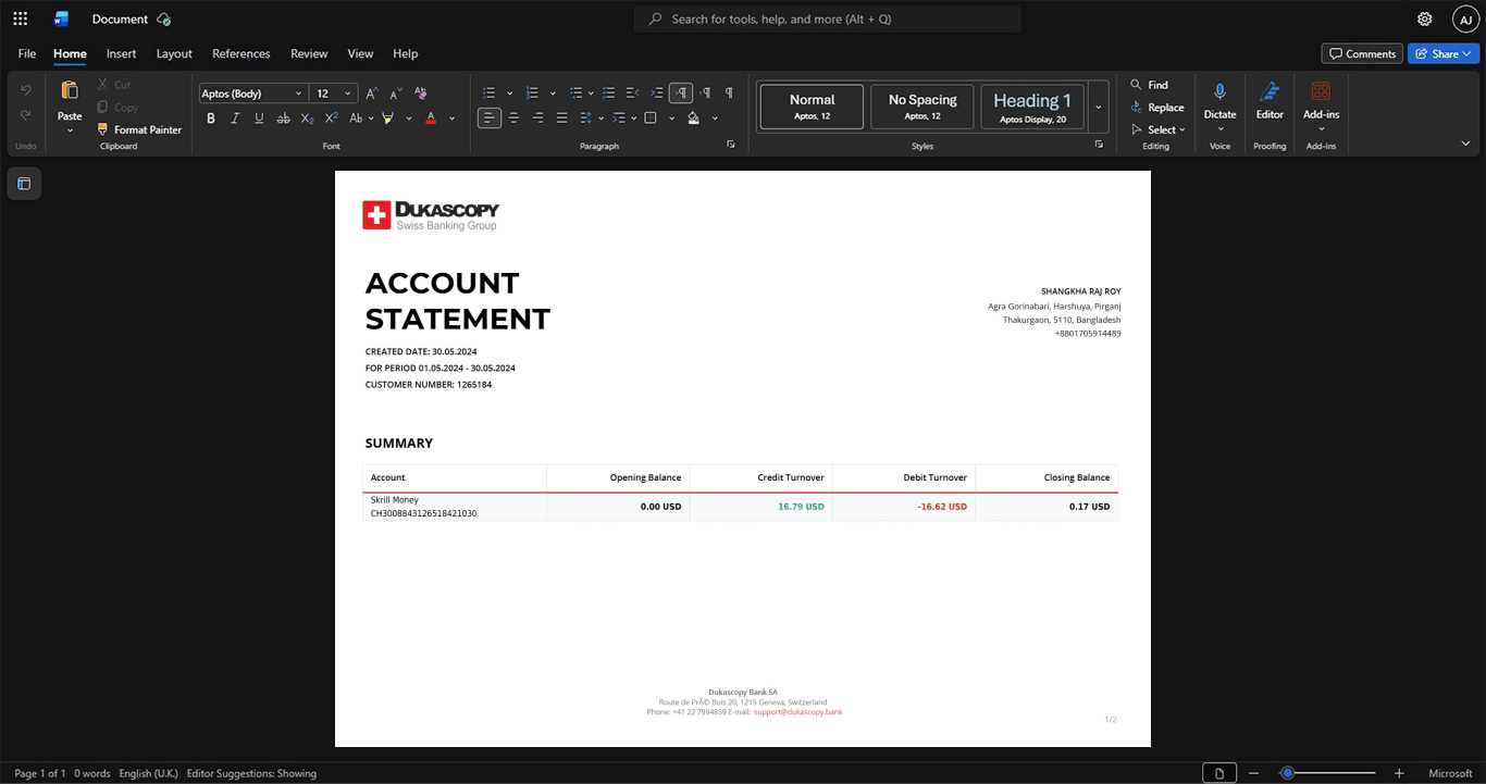 Switzerland Dukascopy Bank Bank Statement Template, Standard layout in DOCX and PDF