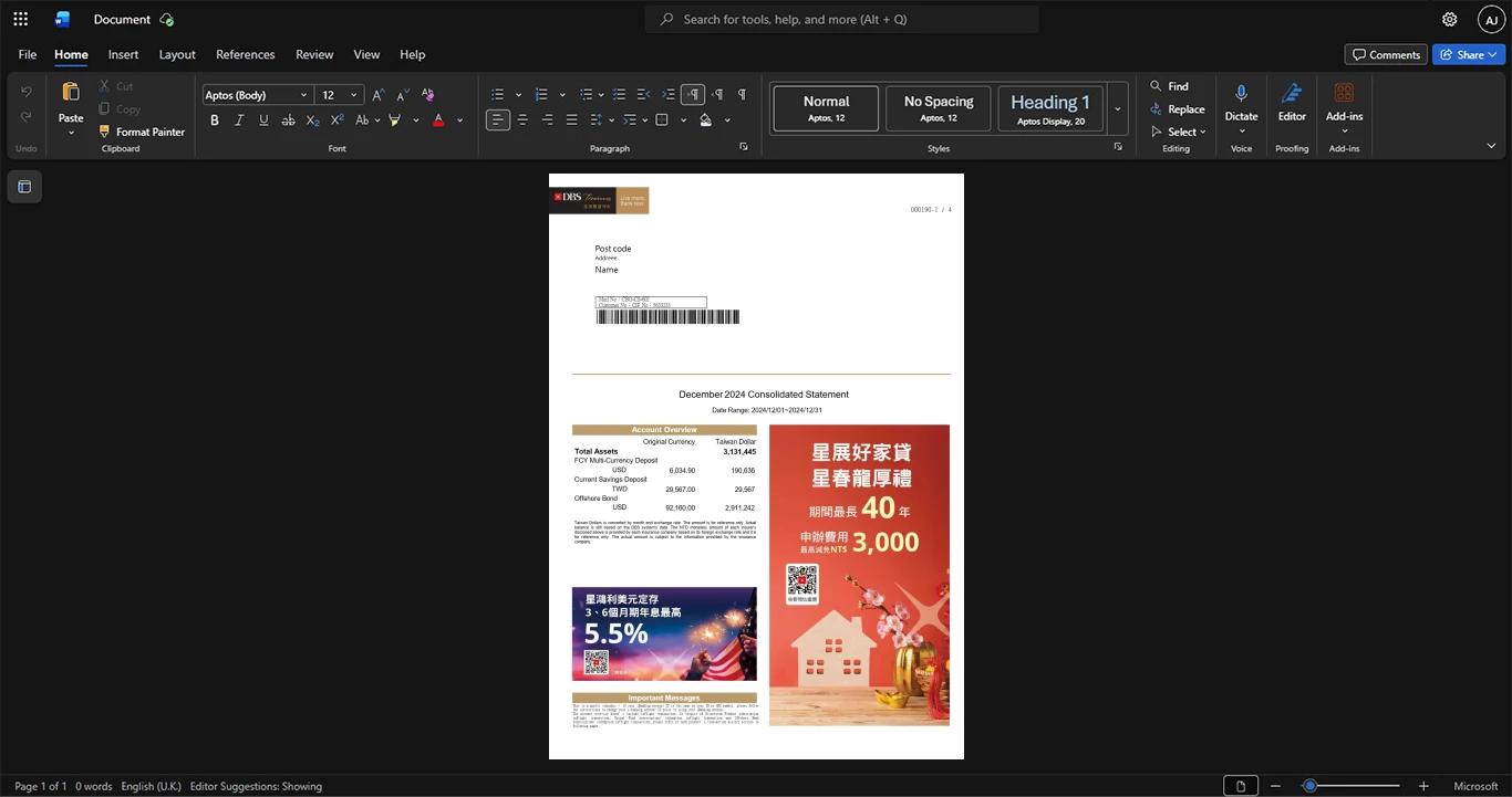 Taiwan DBS Bank DBS Bank Statement Template, Digital download template in Word and PDF