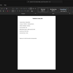Tanzania Tanzania Electric Supply Company Limited TANESCO Electricity Bill Template, printable document in Word and PDF format