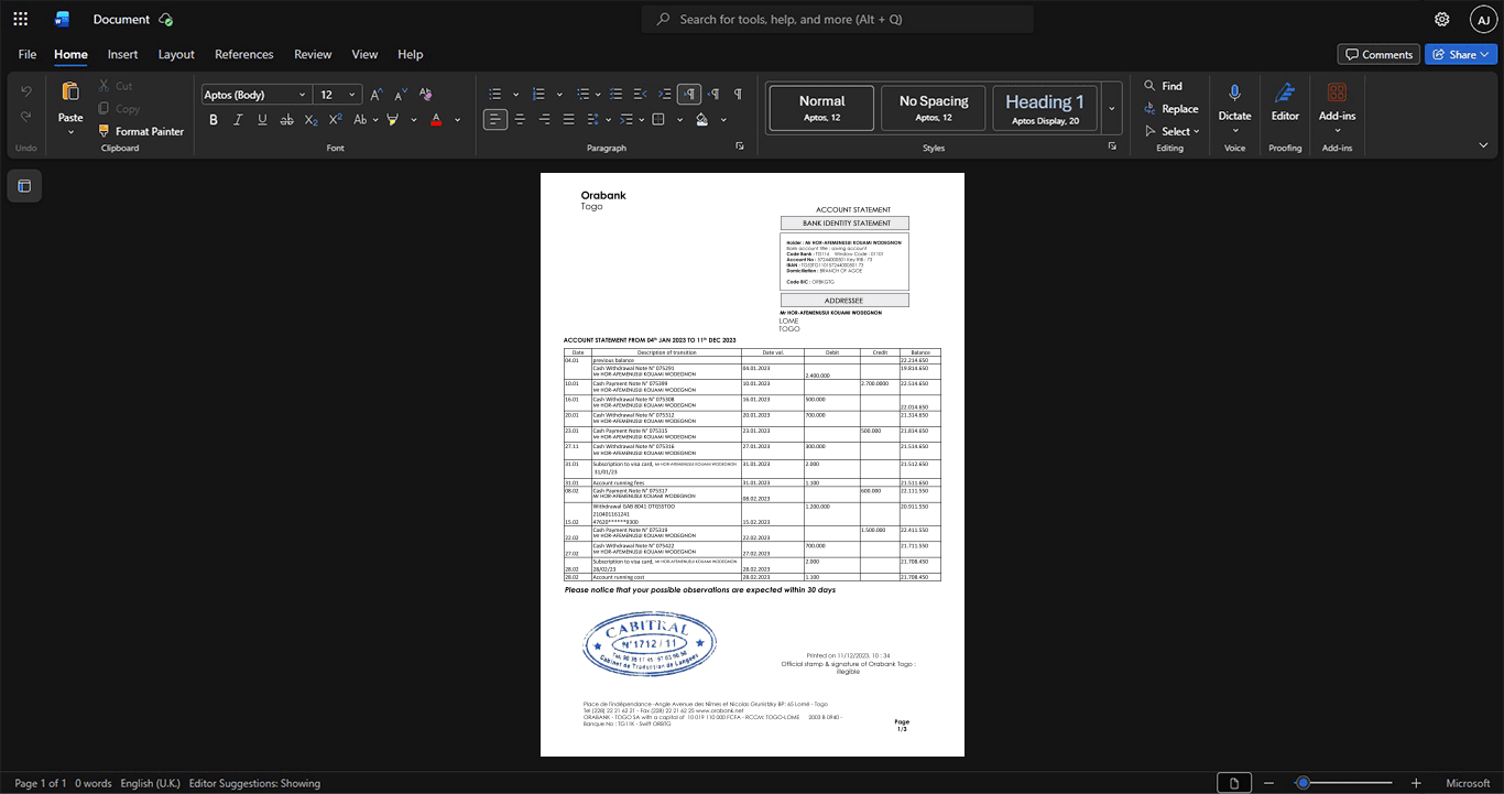 Togo Orabank Bank Statement Template, Corporate style document in Word and PDF formats