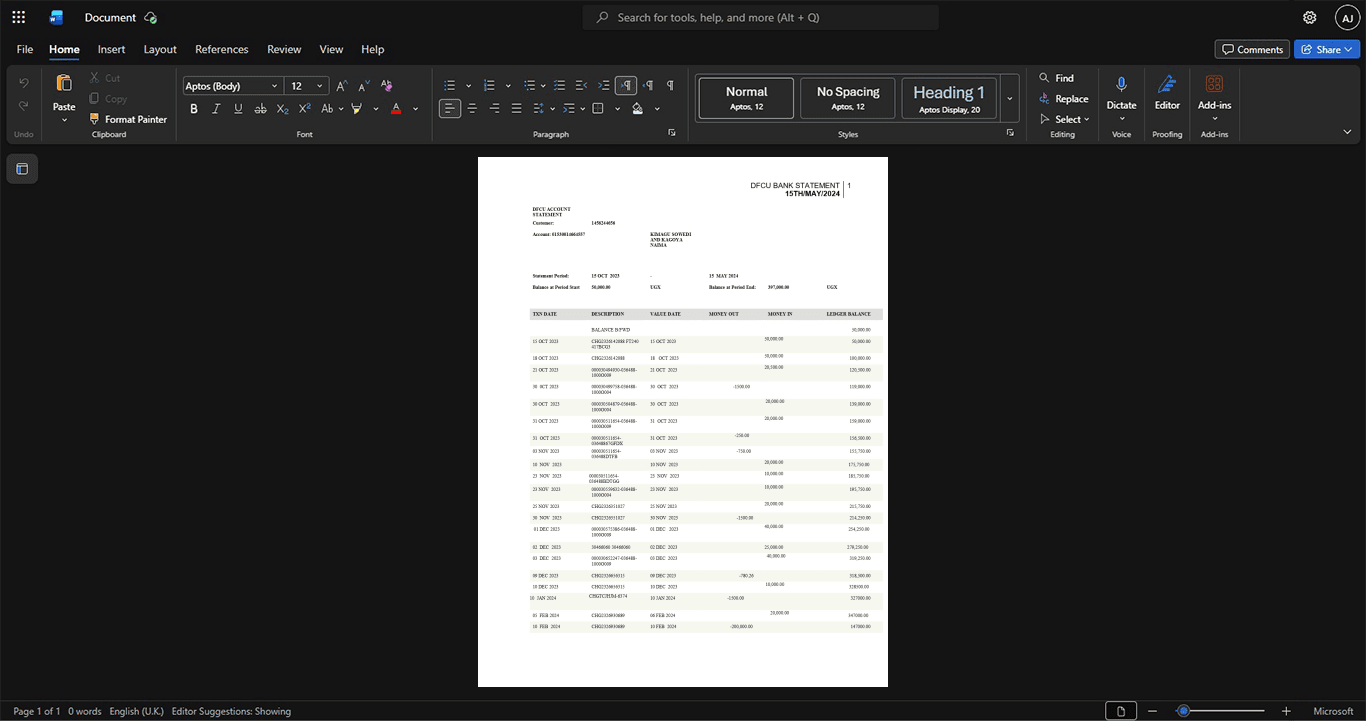 Uganda DFCU Bank Bank Statement Template, Blank template in Word and PDF format