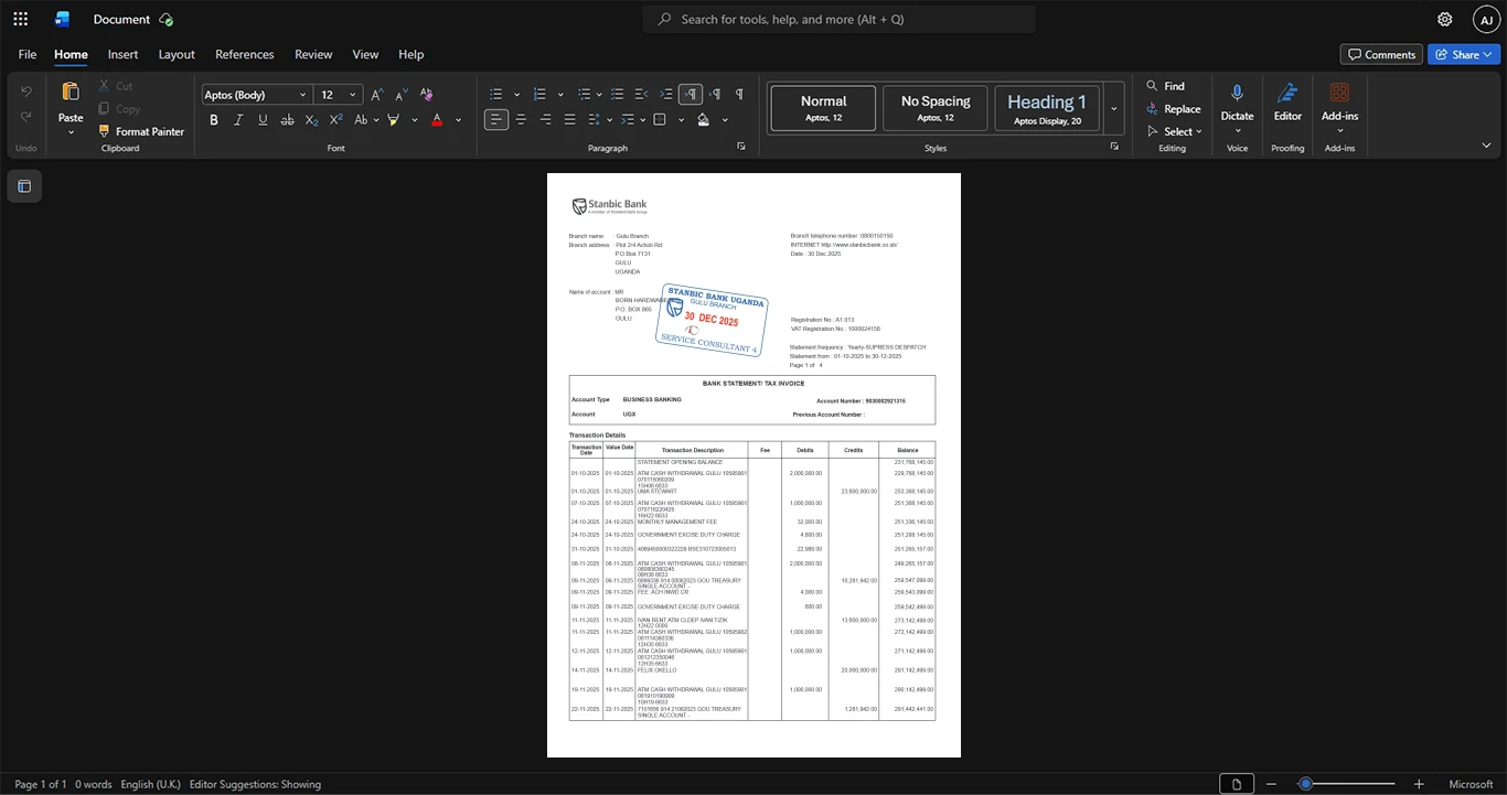 Uganda Stanbic Bank Uganda Business Account Statement Template, Digital download file preview