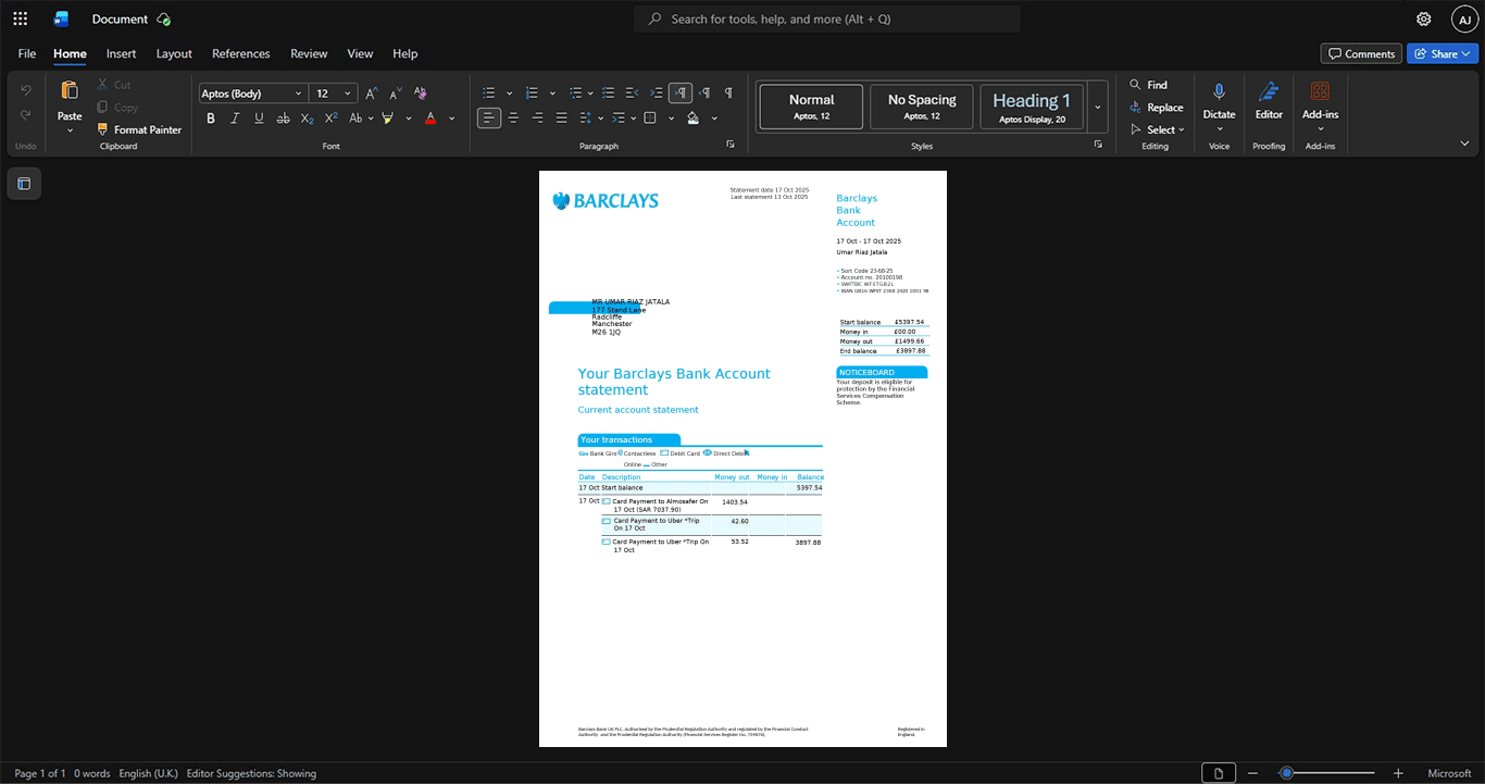 UK Barclays Bank Bank Statement Template, Customizable layout available in Word and PDF