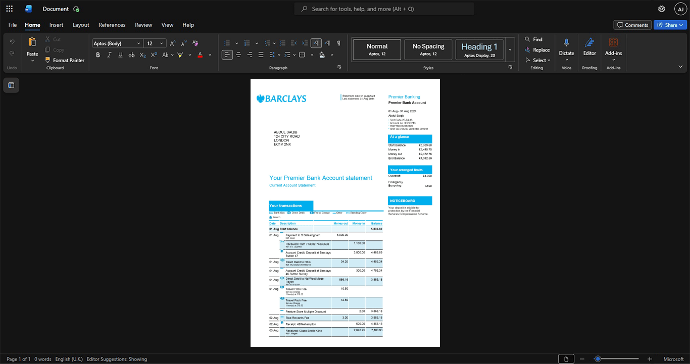 UK Barclays Bank Statement Template, Customizable layout available in Word and PDF