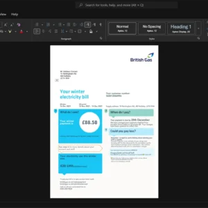 UK British Gas Electricity Bill Template, Blank template in Word and PDF format