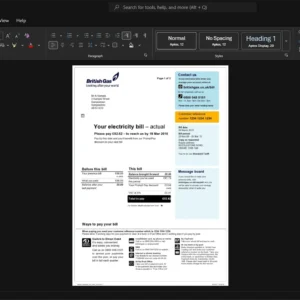 UK British Gas Electricity Bill Template, Print-ready template in Word and PDF