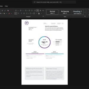 UK BT Group plc BT Internet Bill Template, printable document in Word and PDF format