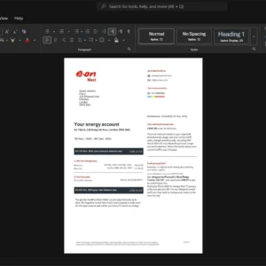 UK E ON E ON Electricity Bill Template, Quick edit template in Word and PDF format