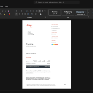 UK E ON UK Electricity Bill Template, Fully editable Word and PDF format