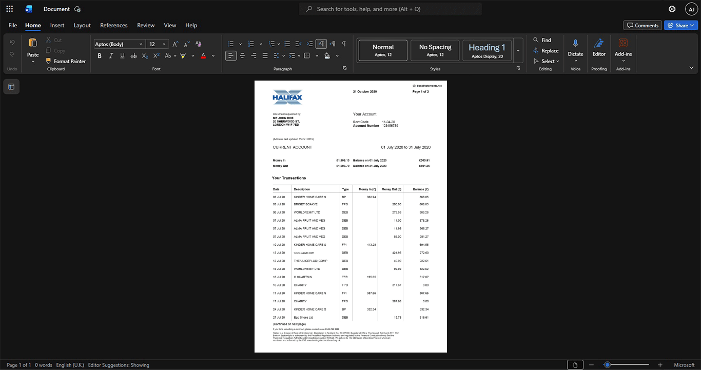 UK Halifax Bank Statement Template, Available in editable Word and PDF format