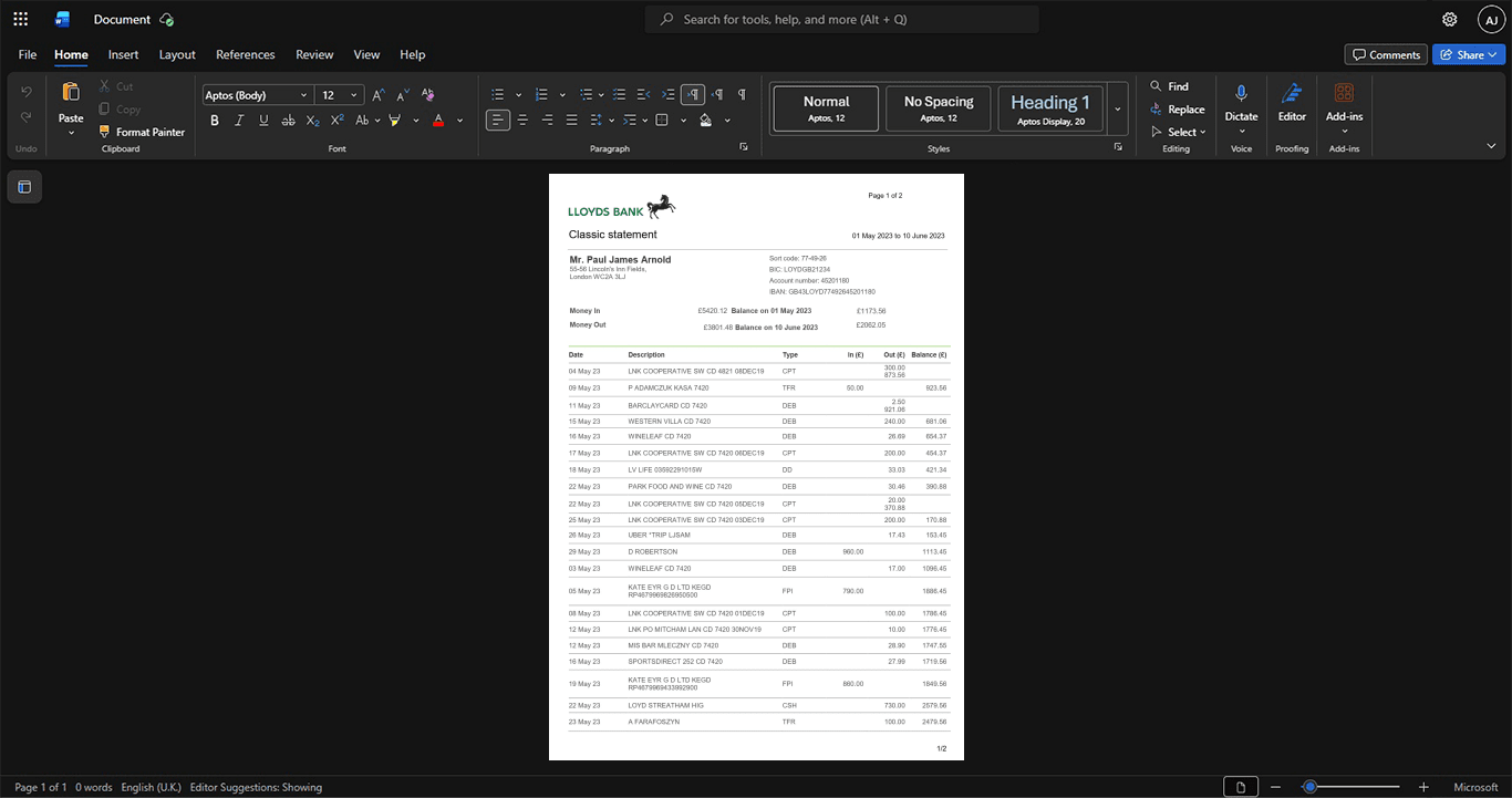 UK Lloyds Bank Bank Statement Template, Blank template in Word and PDF format