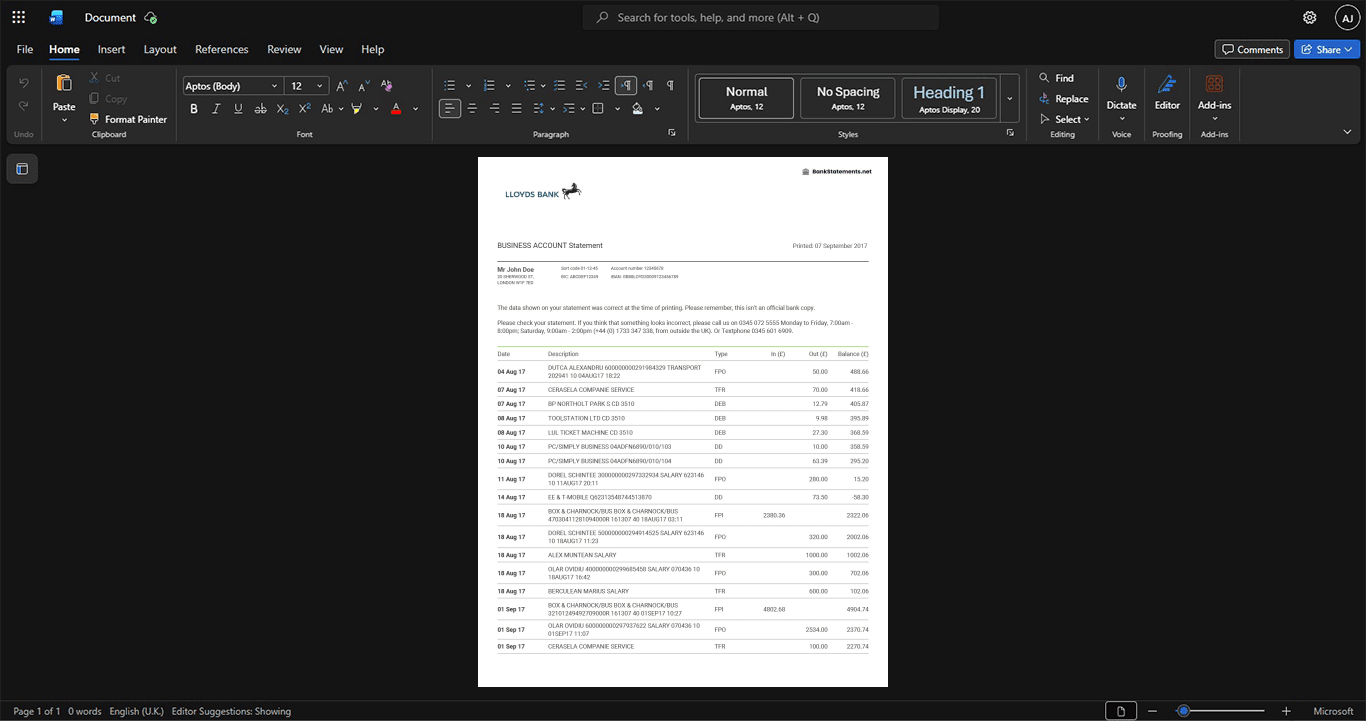 UK Lloyds Bank Business Account Statement Template, Premium editable file in Word and PDF formats