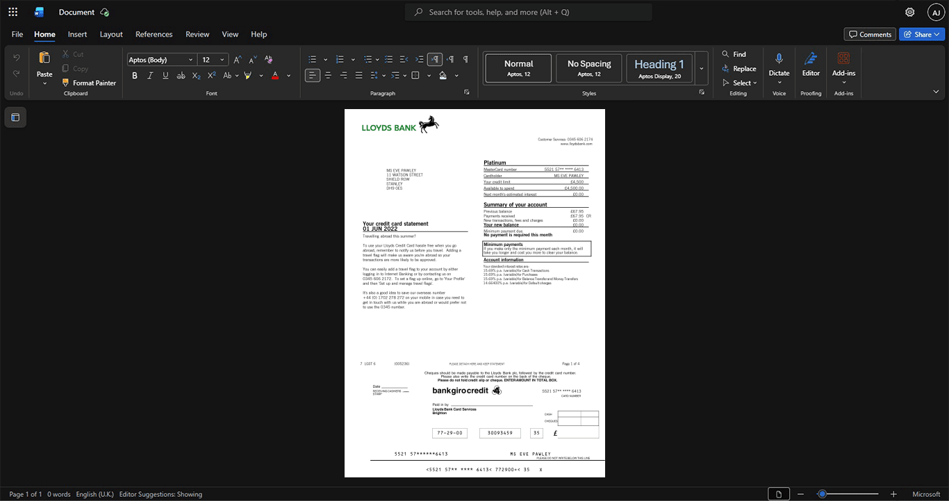 UK Lloyds Bank Credit Card Statement Template, Fully structured template in Word and PDF format