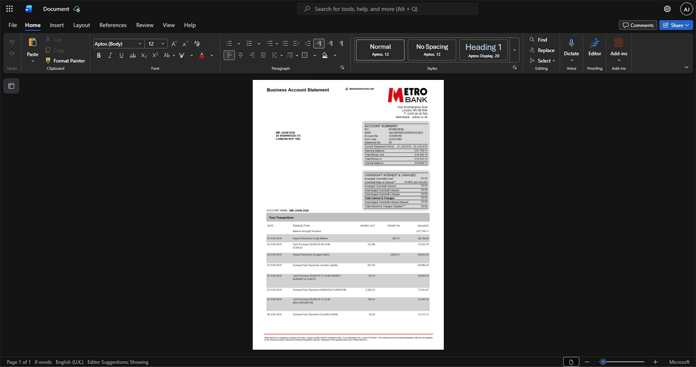 UK Metro Bank Business Account Statement Template, Fully structured template in Word and PDF format