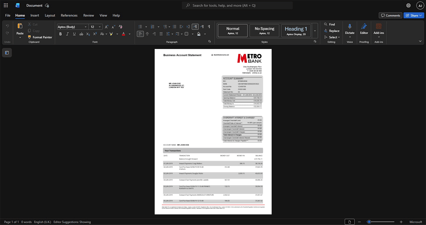 UK Metro Bank Business Account Statement Template, Standard printable layout in Word and PDF