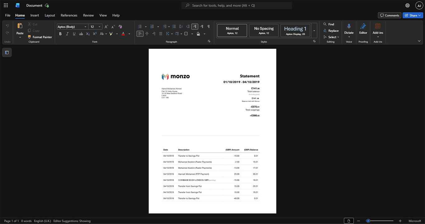 UK Monzo Bank Bank Statement Template, Corporate style document in Word and PDF formats