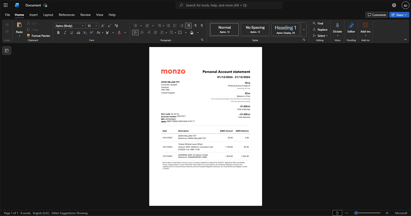 UK Monzo Bank Bank Statement Template, Print-ready template in Word and PDF