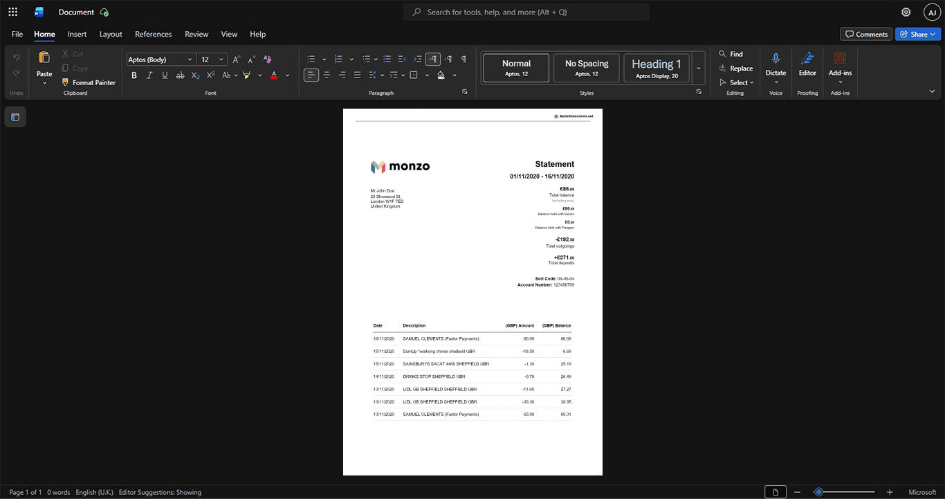UK Monzo Bank Bank Statement Template, Ready to use template in Word and PDF