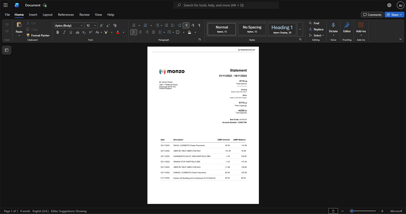 UK Monzo Bank Bank Statement Template, printable document in Word and PDF format