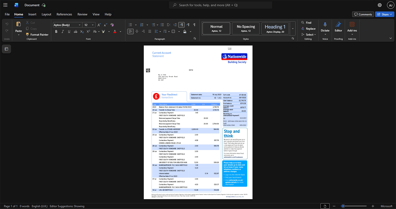 UK Nationwide Building Society Bank Statement Template, Print-ready in PDF layout