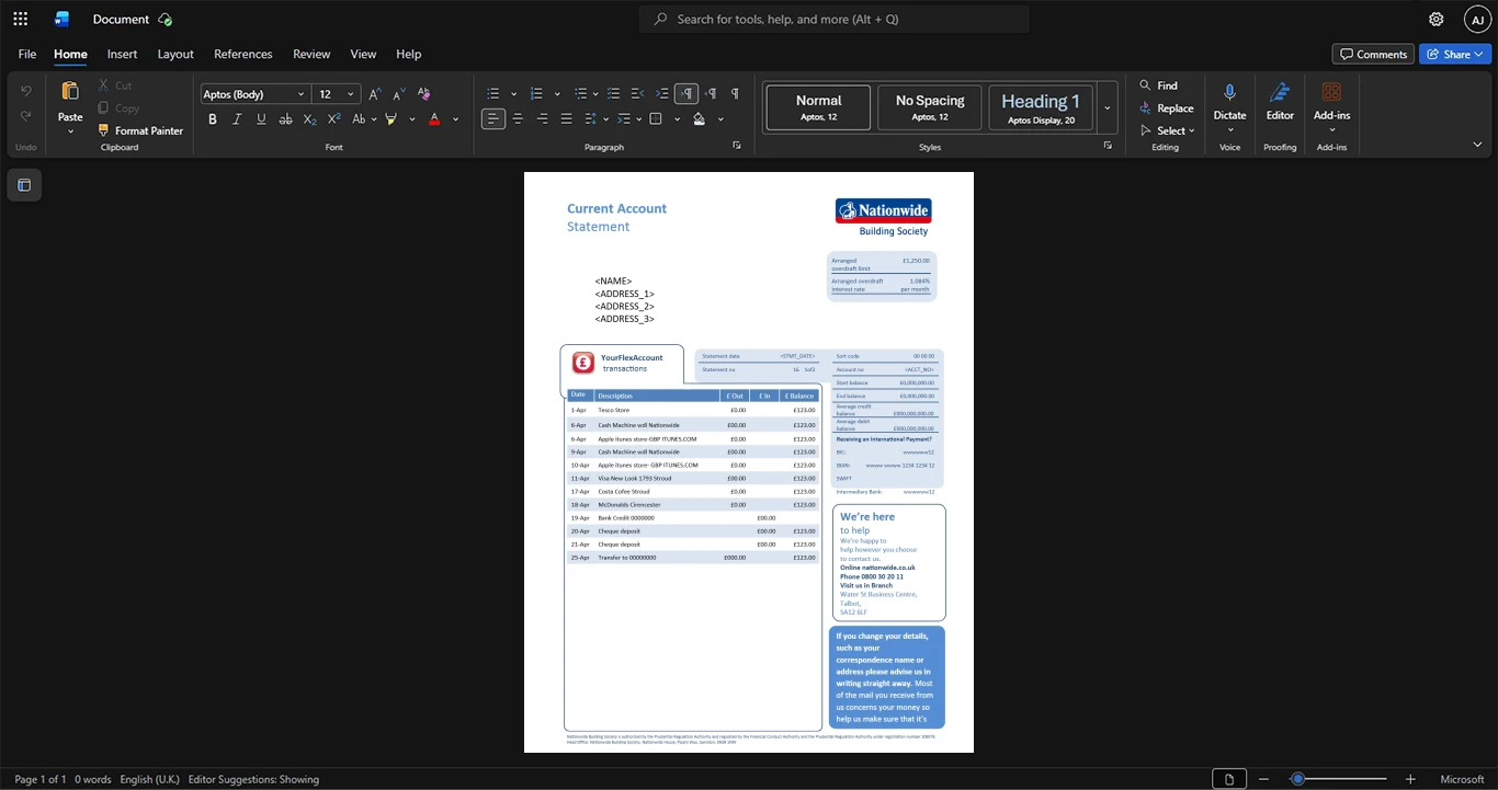 UK Nationwide Building Society Bank Statement Template, Premium editable file in Word and PDF formats