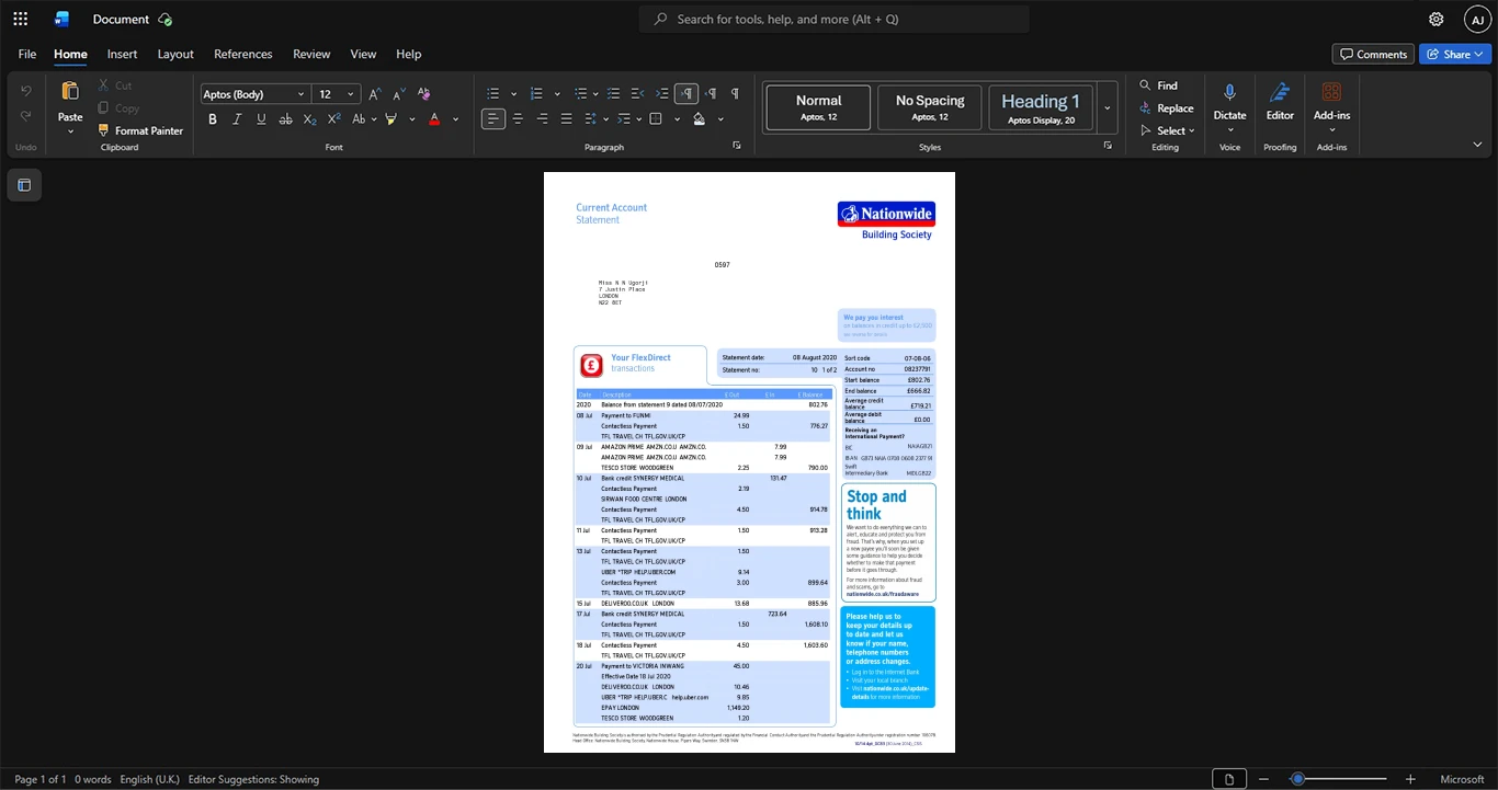 UK Nationwide Building Society Bank Statement Template, printable document in Word and PDF format