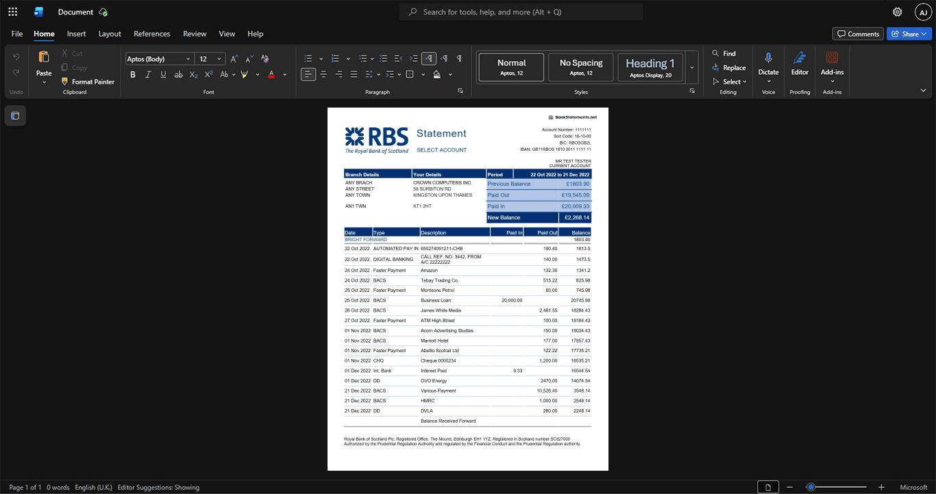 UK Royal Bank of Scotland RBS Bank Statement Template, High-quality template in Word and PDF format